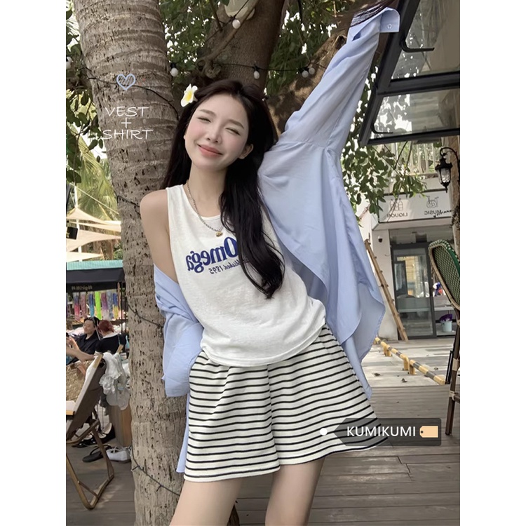 Red Jas angin malas wanita bagian tipis tabir surya jaket kemeja biru surat musim panas tanpa lengan rompi pasang dua potong kasual