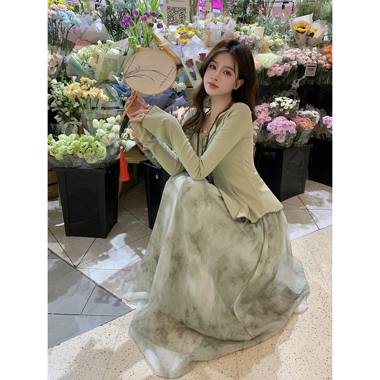 Red Baru Cina Zen Suit Kamisol Wanita Tabir Surya Cardigan Top Musim Panas Pinggang Tinggi Tinta Rok Set Tiga Potong