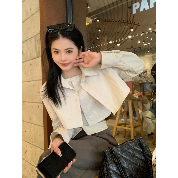 Red Temperamen retro tipis sesuai Polo kerah lengan panjang palsu dua potong kemeja musim semi wanita perapi celana kasual celana two-piece set