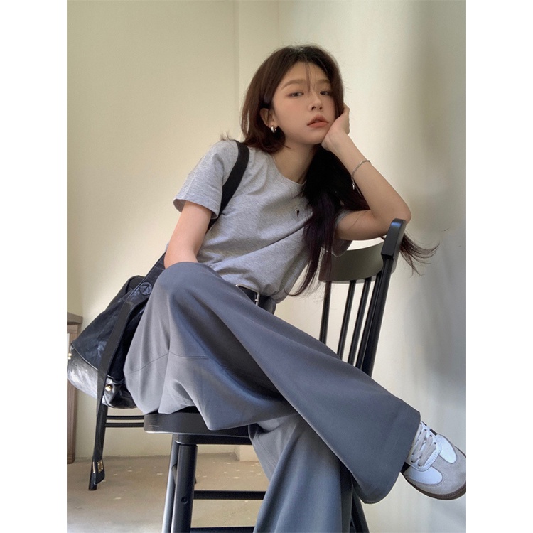 Red Fashion Suit Abu-abu Lengan Pendek T-shirt Top Musim Panas Wanita Tinggi Pinggang Menggantungkan Celana Perapi Celana Two-Piece set