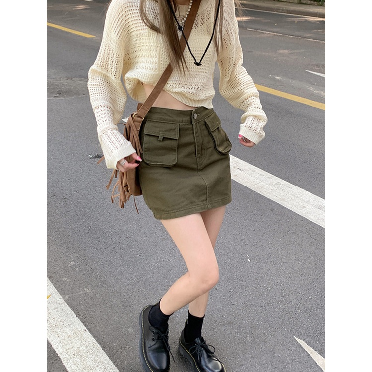 Red Sweet and cool hot girl suit summer hollow knit sweater top women s workwear denim skirt skirt fashion two-piece suit