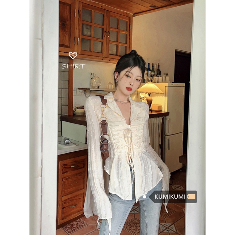 Red Design sense tie shirt women s spring and summer niche wear look thin all-match long-sleeve shirt regular outer top