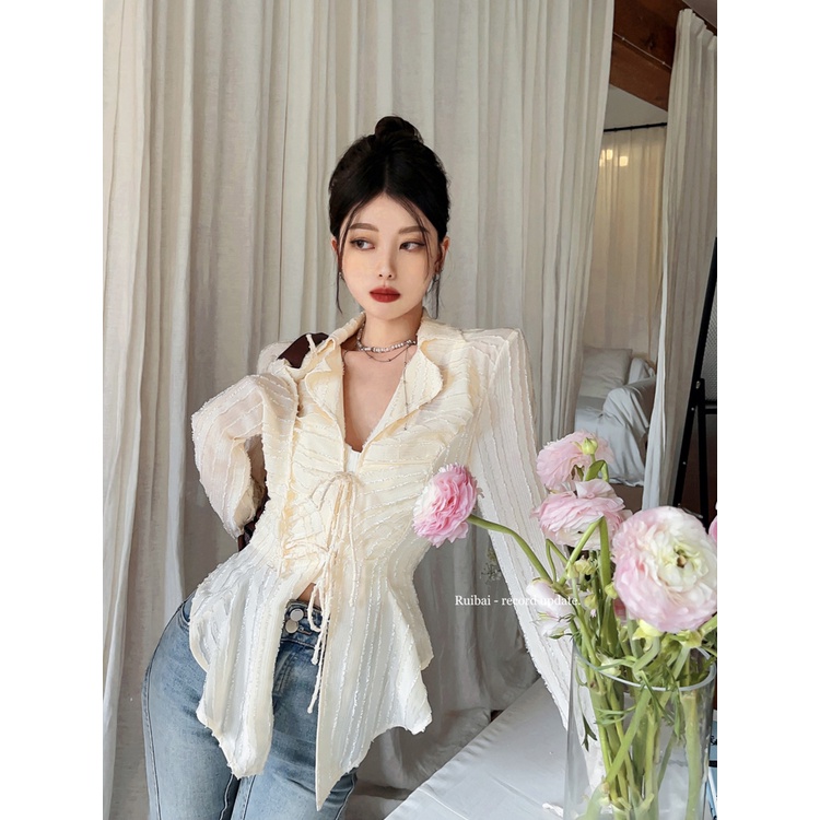 Red Design sense tie shirt women s spring and summer niche wear look thin all-match long-sleeve shirt regular outer top