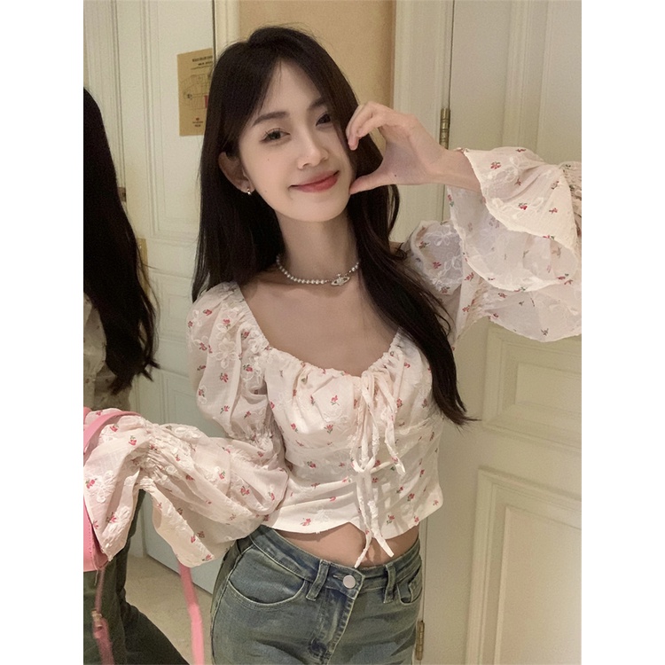 Red French sweet square collar shirt puff sleeve long-sleeve shirt women s summer design sense tie short small floral top