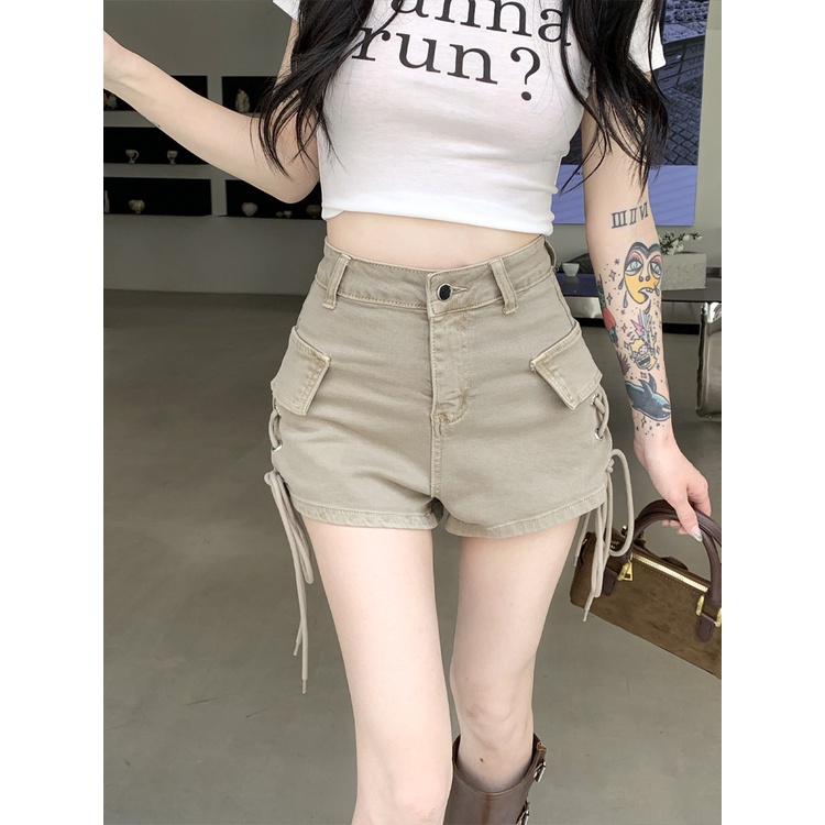 Red Abu-abu pinggang tinggi tipis celana A-line celana jeans perempuan musim panas hot gadis rasa desain serut celana super pendek ins