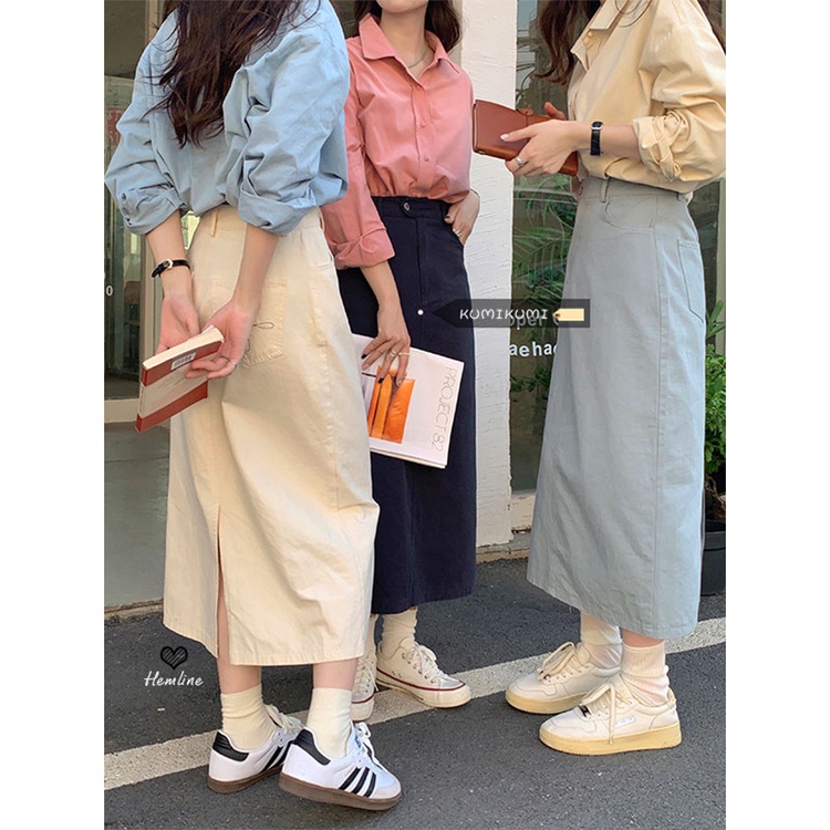 Red Akal desain ceruk celah lurus rok wanita musim panas pinggang tinggi pelangsing all-match a-line rok panjang rok merah muda