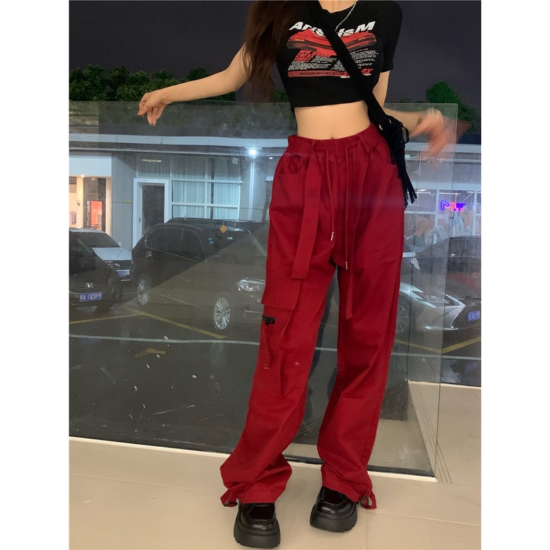 American Red Overall Wanita Longgar Lurus Lebar Kaki Kasual Celana Desain Musim Panas Lebar Kaki Celana High Street Celana Panjang