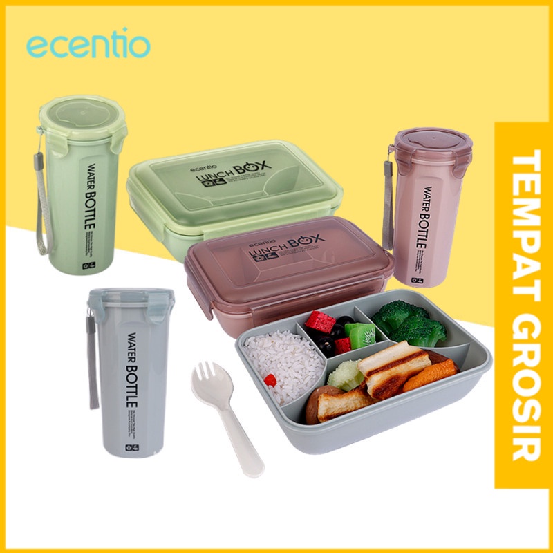 ecentio lunch box kotak makan set anak 1100ml botol minum 500ml Merah Jambu/abu-abu/hijau/Tempat Makan anak