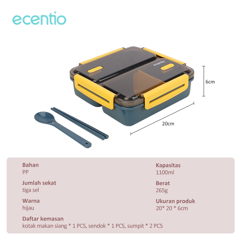 ecentio Lunch Box 3 Grid Kotak Makan Anti Tumpah Dengan Gratis Sendok Berbahan PP 1100ml BPA Free/Free Sendok&amp;Sumpit