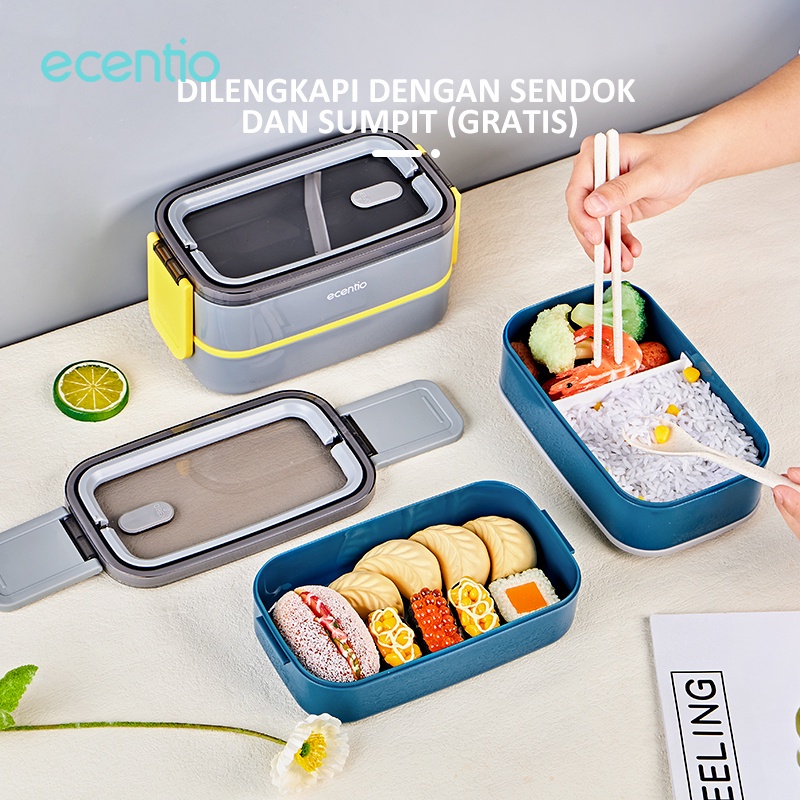 ecentio kotak makan Anti tumpah 2 susun 1600ml Dark biru tempat makan anak sekolah/lunch box tepak bekal makan 2 susun portabel oval besar biru/free sendok