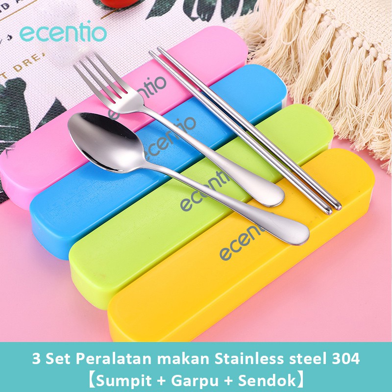 ecentio Stainless Steel Set Alat Makan 3 in 1 Sendok&amp;Garpu&amp;Sumpit Dengan Kotak Berbahan/Spoon Fork