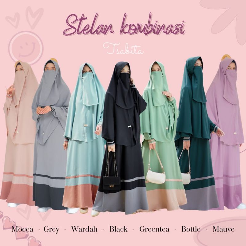 STELAN KOMBINASI SET BY TSABITA GAMIS SYAR'I SENORITA POLOS KOMBINASI WARNA TERBARU SET KHIMAR PED A