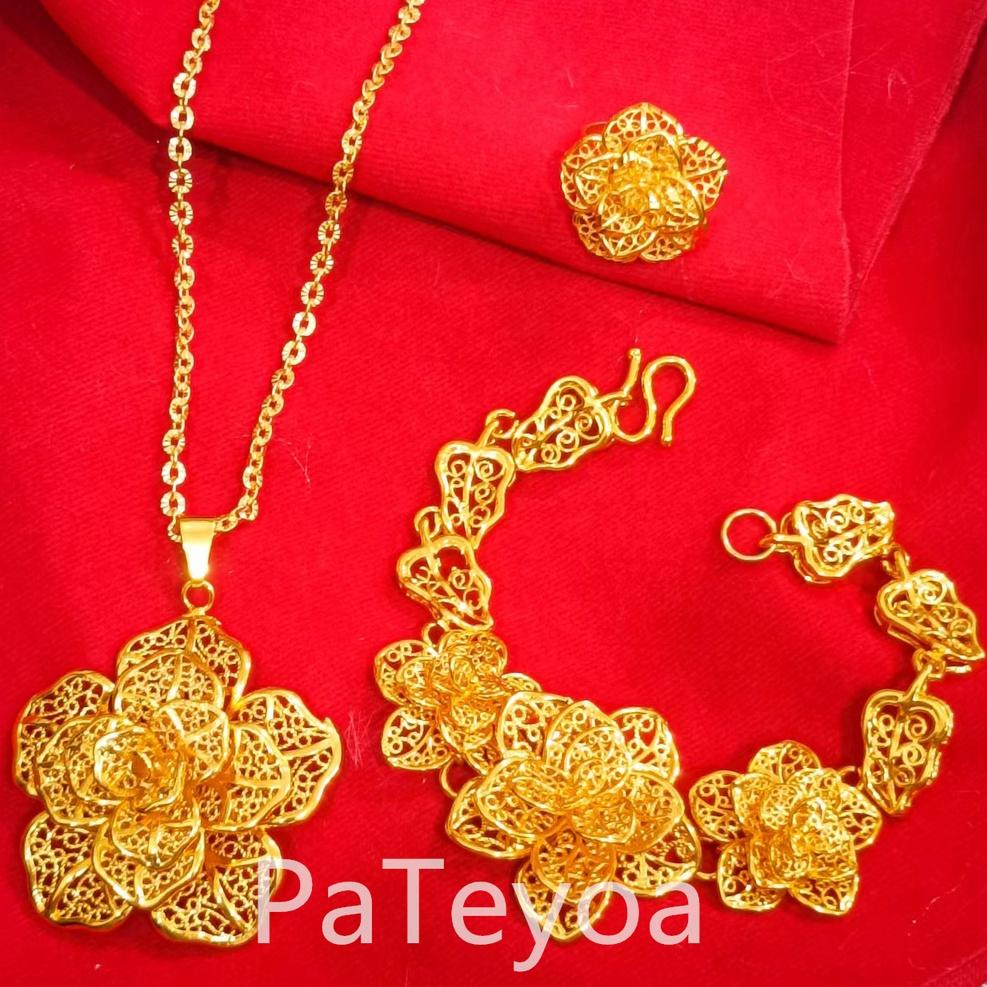 [NEW ARRIVAL ] satu set gelang kendari tangan+kalung+cincin kendari motif bunga perhiasan lapis Emas