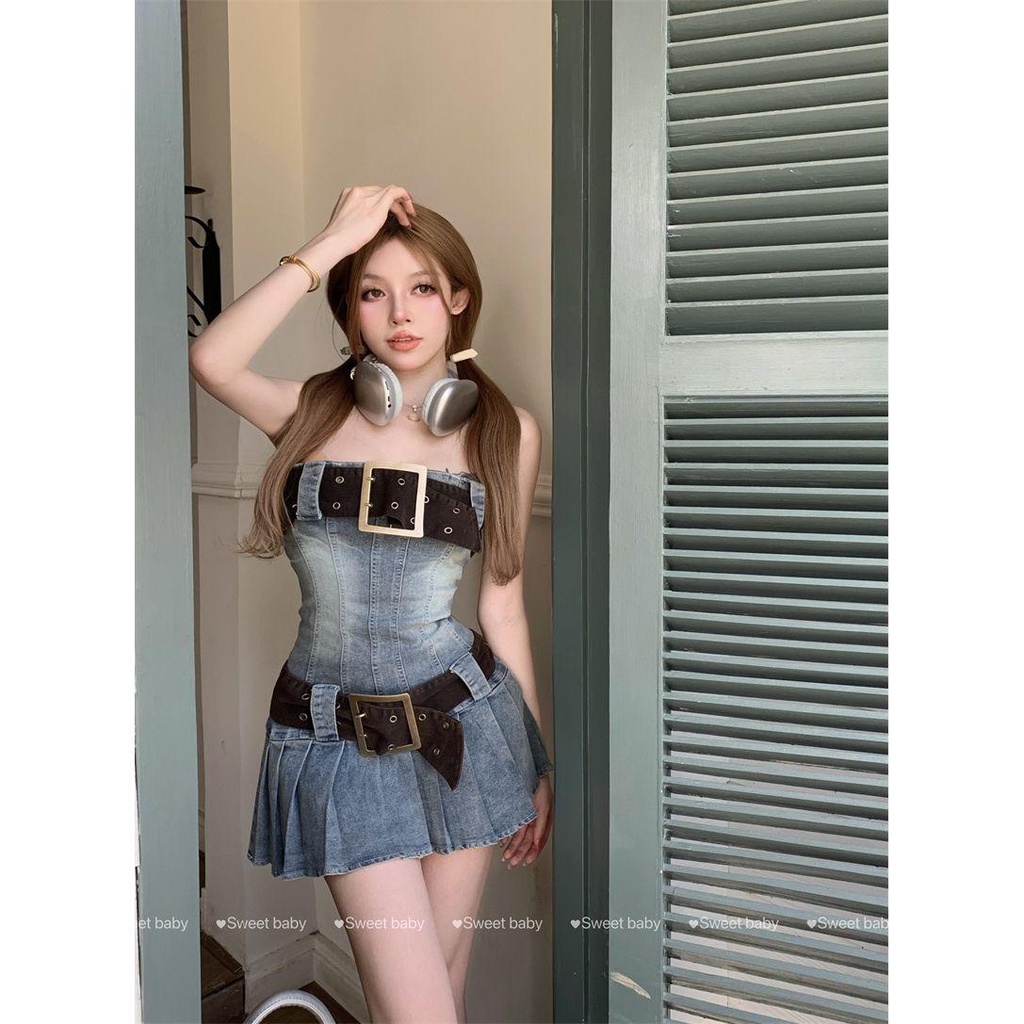 Rok Lipit Denim Tanpa Bahu, Gaun Atasan Tube Top Musim Panas Pinggang Terbuka, Rok Lipit Pendek Musi