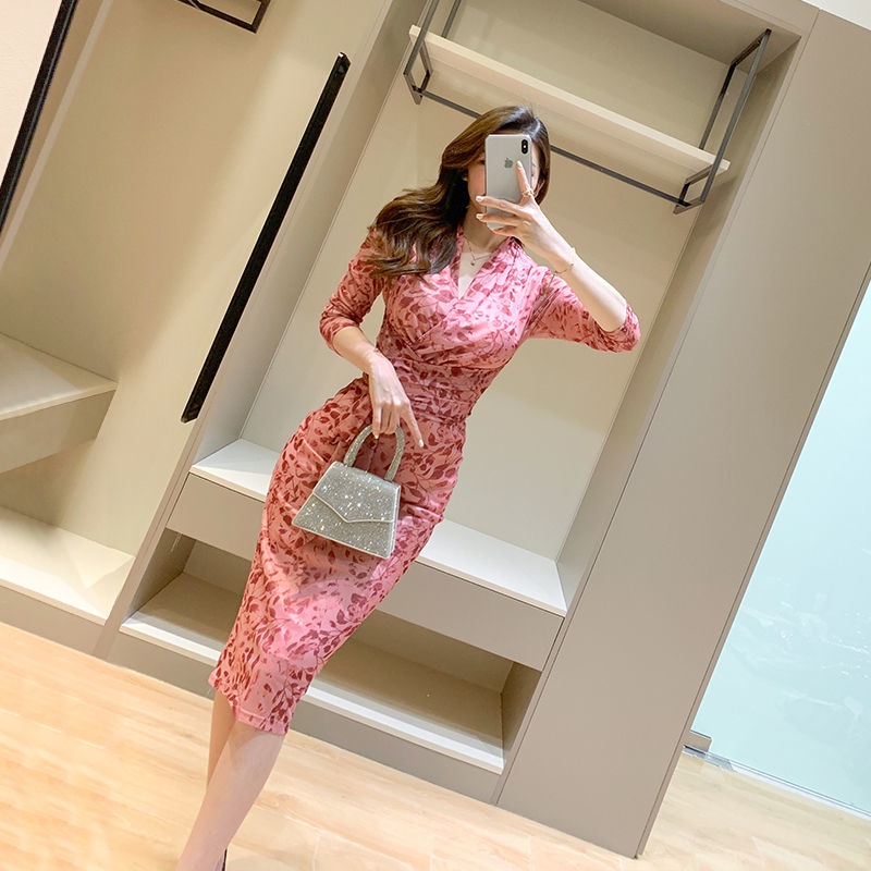 Gaun Merah Muda2023Dress Midi Ketat, Gaun Jala Lengan Panjang Slim-Fit Musim Semi