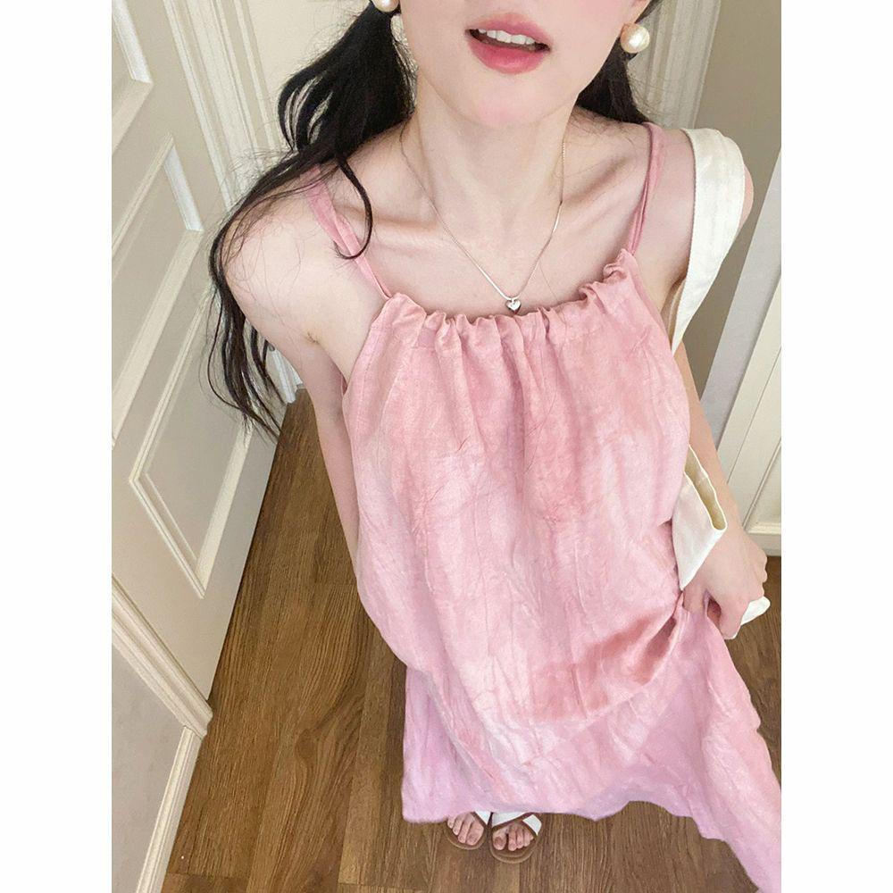 Gaun Suspender Lipit Cantik, Merah Muda untuk Wanita2023Gaun Asli Gaya Korea Musim Panas