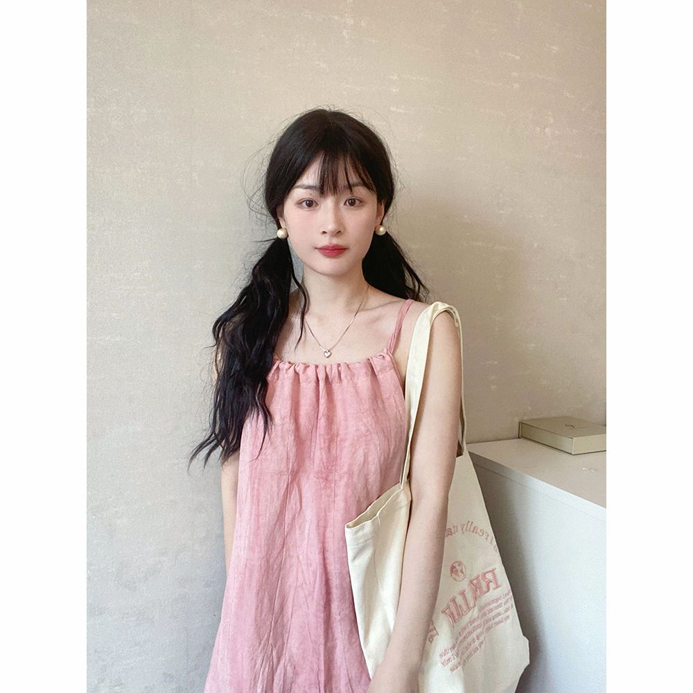 Gaun Suspender Lipit Cantik, Merah Muda untuk Wanita2023Gaun Asli Gaya Korea Musim Panas