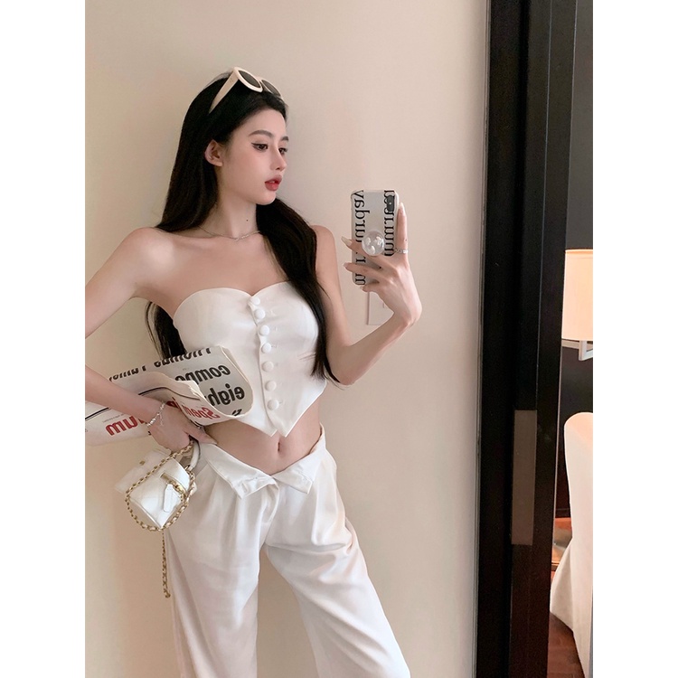 ﹉☫celana wanita impor pure desire style white tube top small vest women s summer hot girl one-shoulder bottoming shirt sexy short top outerwear pants wanita celana highwaist