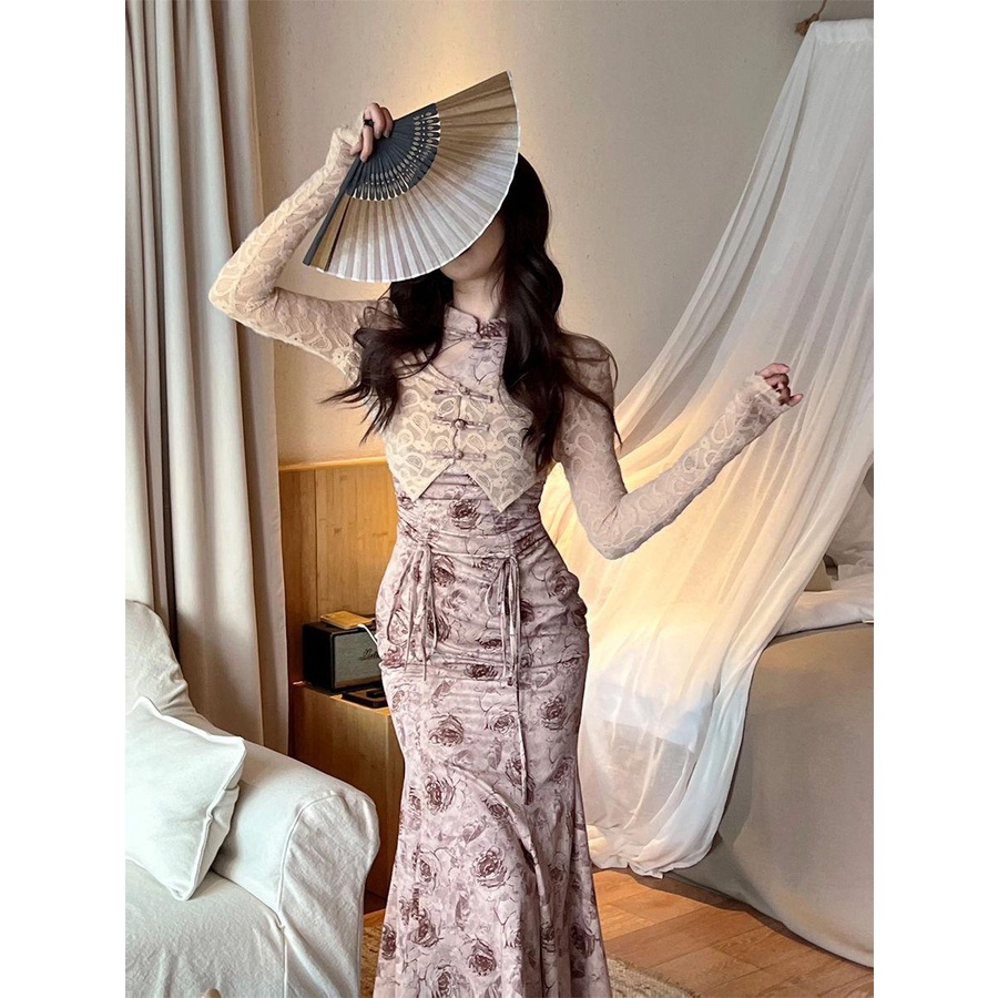 Jas Wanita2023Kardigan Berkancing Katak Renda Retro Musim Semi, Set Dua Potong Gaun Tiongkok Baru Mo