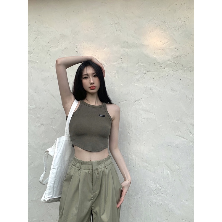 ◙celana wanita import American retro kargo kasual celana wanita musim panas pinggang elastis longgar pinggang tinggi mengepel celana lurus lebar kaki celana celana wanita celana highwaist