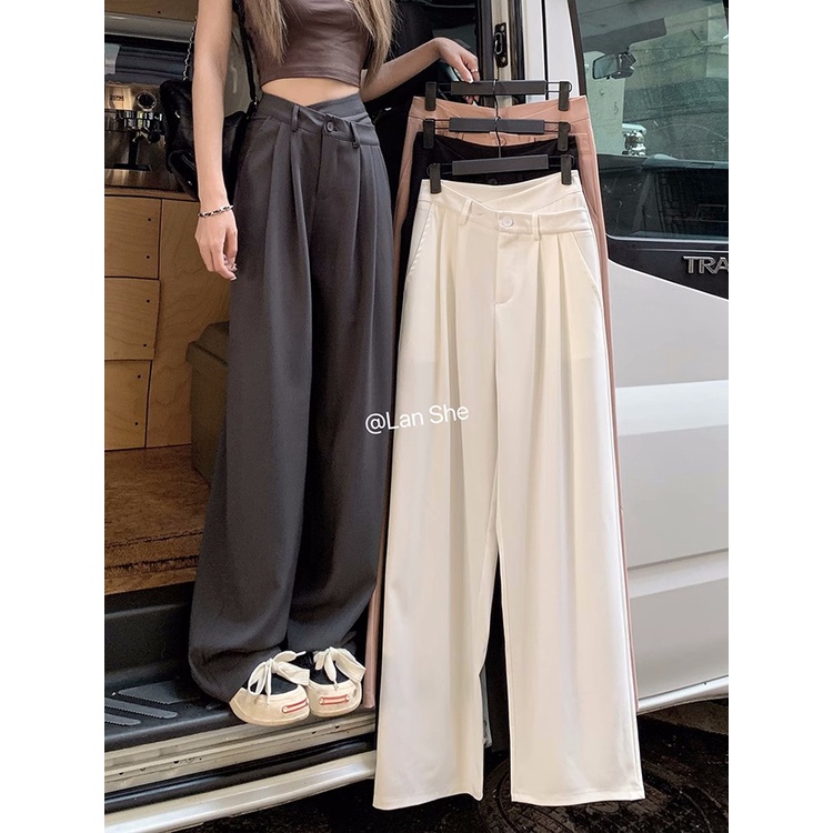 ☄۞▧celana wanita import versi Korea dari drape suit kasual celana wanita musim panas pinggang tinggi celana longgar berkualitas tinggi celana lurus lebar kaki celana celana wanita celana highwaist