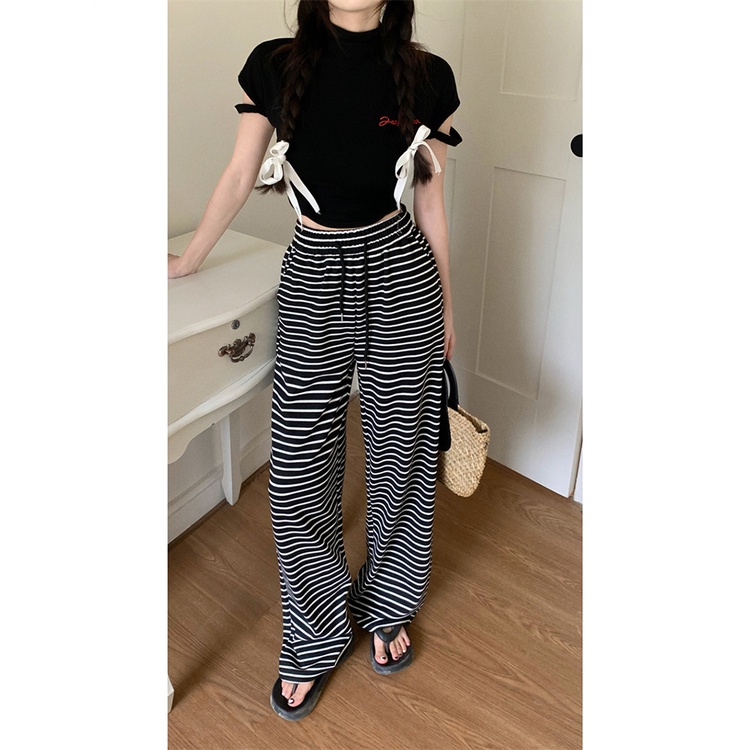 ﹉﹍celana wanita import babes bergaris serut drape celana casual wanita musim panas gaya korea mengepel celana lurus longgar kaki lebar pinggang tinggi celana celana wanita celana highwaist