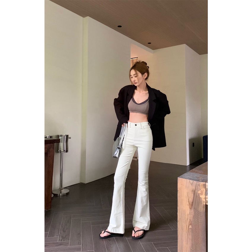 ✇◑◐celana wanita import versi korea all-match retro jeans wanita musim panas temperamen kaki kecil pinggang tinggi slim fit slim micro melebar celana panjang celana wanita celana highwaist