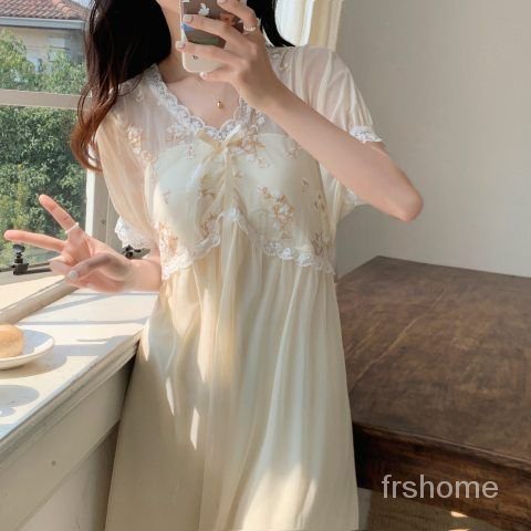Gaun tidur wanita renda renda renda gaya pengadilan V-neck mesh rok panjang tengah bagian tipis piya