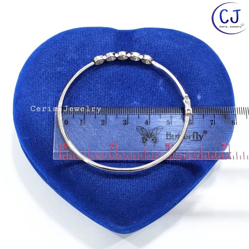 Gelang Tangan Wanita Perak Asli Silver 925 Lapis Emas Putih Model Bangle Bulat Variasi Permata Bulat bulat Full - Perhiasan Perak Asli