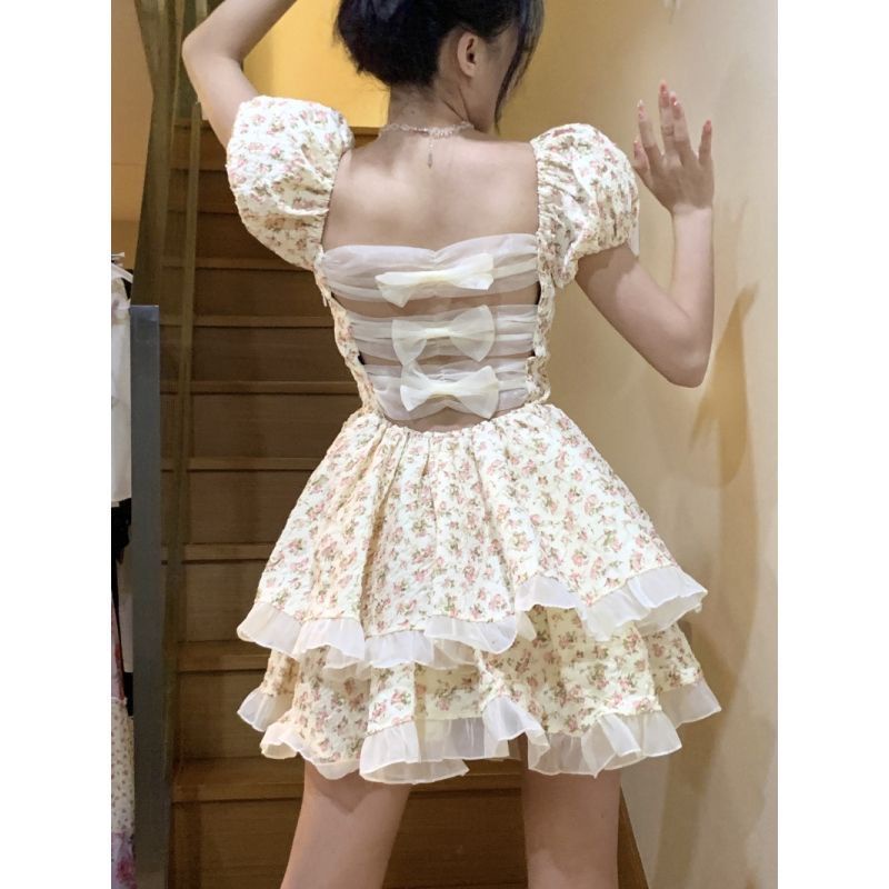 dress floral korea Rok Motif Bunga Pita Pinggang Pas, Rok Motif Bunga Simpul Kupu-kupu Gaya Keingina