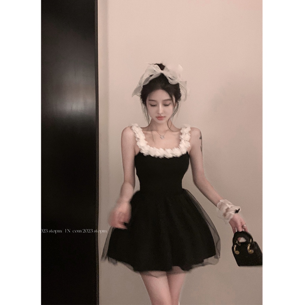 Red Gaya balet suspender hitam gaun peri musim panas Perancis rok high-end temperamen putri rok tutu rok