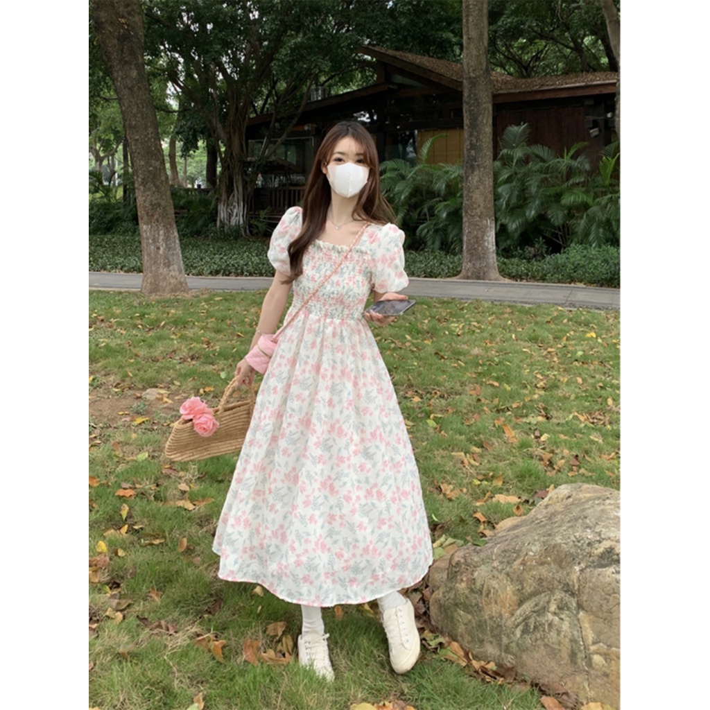 Red Floral square collar dress women s summer 2023 new sweet waist slimming mid-length super fairy first love skirt