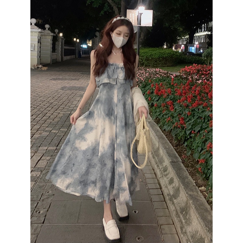 Red Desain rasa tinta smudger suspender dress wanita musim panas 2023 baru mid-panjang mengacak-acak pinggang rok a-line