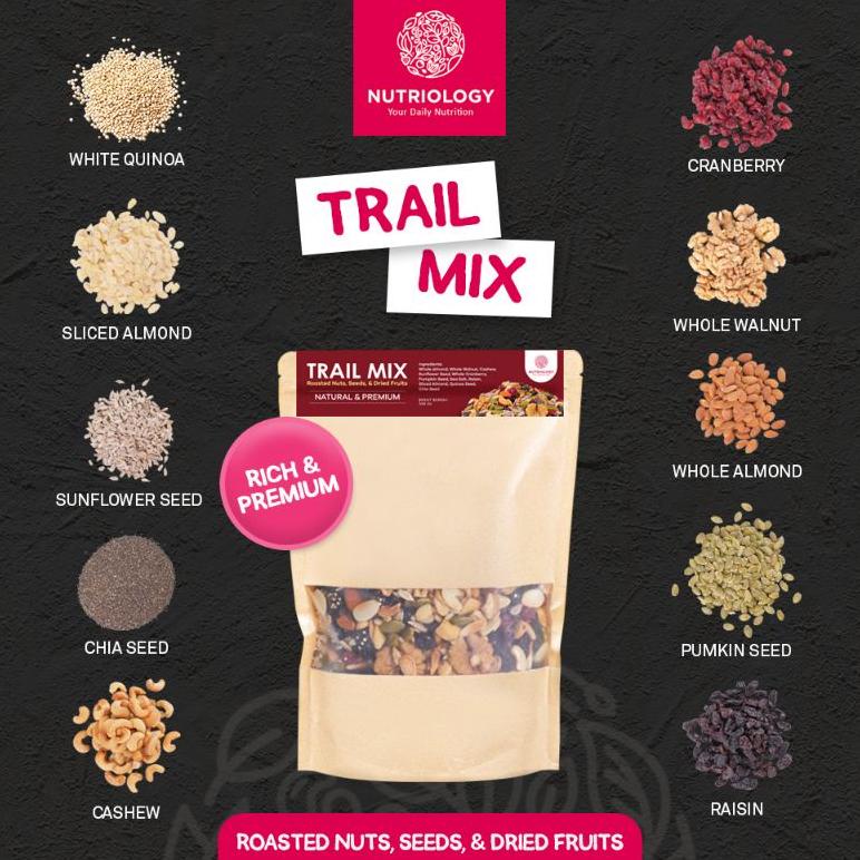 

Trail Mix Nutriology 500GR - Roasted Nuts, Seeds, & Dried Fruits (Premium) Non COD