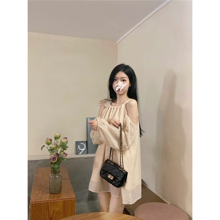 ∋ↂGaun Musim Panas Pantai Bertali Rasa Desain Menggantung Leher Gaun Wanita Musim Semi dan Musim Panas Longgar Slim Off-Shoulder Rok A-line rok Pendek