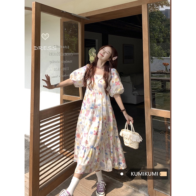 ₪dress summer beach sweet floral skirt round neck puff sleeve dress women s summer design sense mid-length A-line skirt