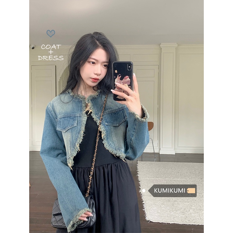 ♦Gaun Musim Panas Pantai Gaya Hong Kong Kasual Retro Denim Mantel Pendek Wanita Musim Semi Jas Elegan Suspender Gaun Fashion Setelan Jas Dua Potong