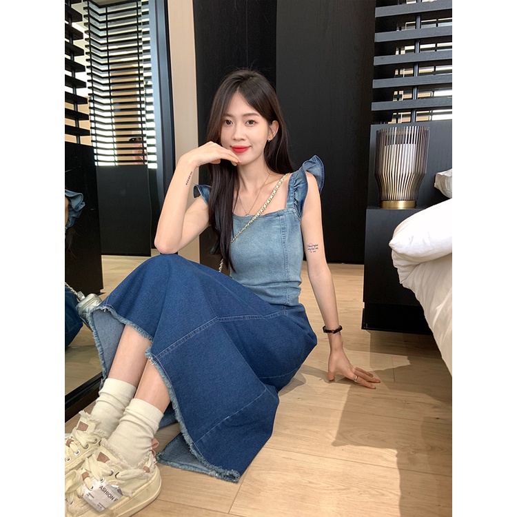 ☁gaun musim panas pantai retro gradien gaun denim wanita musim panas rasa desain tali rok celah terbang kecil lengan rok panjang rok a-line