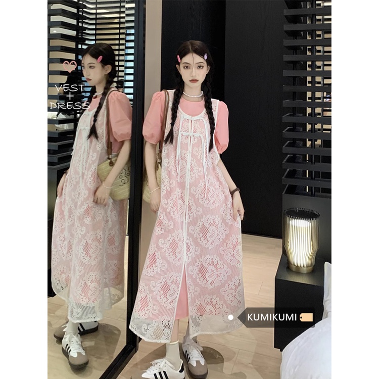 ☁☸﹍dress summer beach pink shirt skirt French style puff sleeve dress women s summer design sense salt long skirt temperamen rok manis