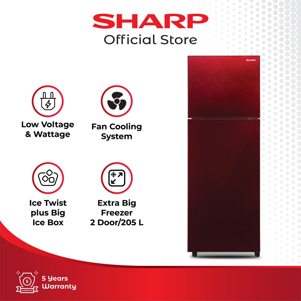 Sharp Refrigerator - Kulkas 2 Pintu 205 L Shine Glass Red Series - SJ-246XG Red