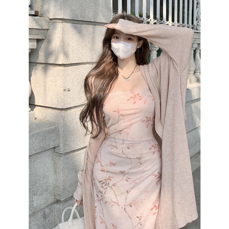 ❇☬∋cropped top slim floral mid-length wrap hip suspender dress musim semi dan musim panas kardigan wanita lengan panjang perlindungan matahari jaket top set #COD