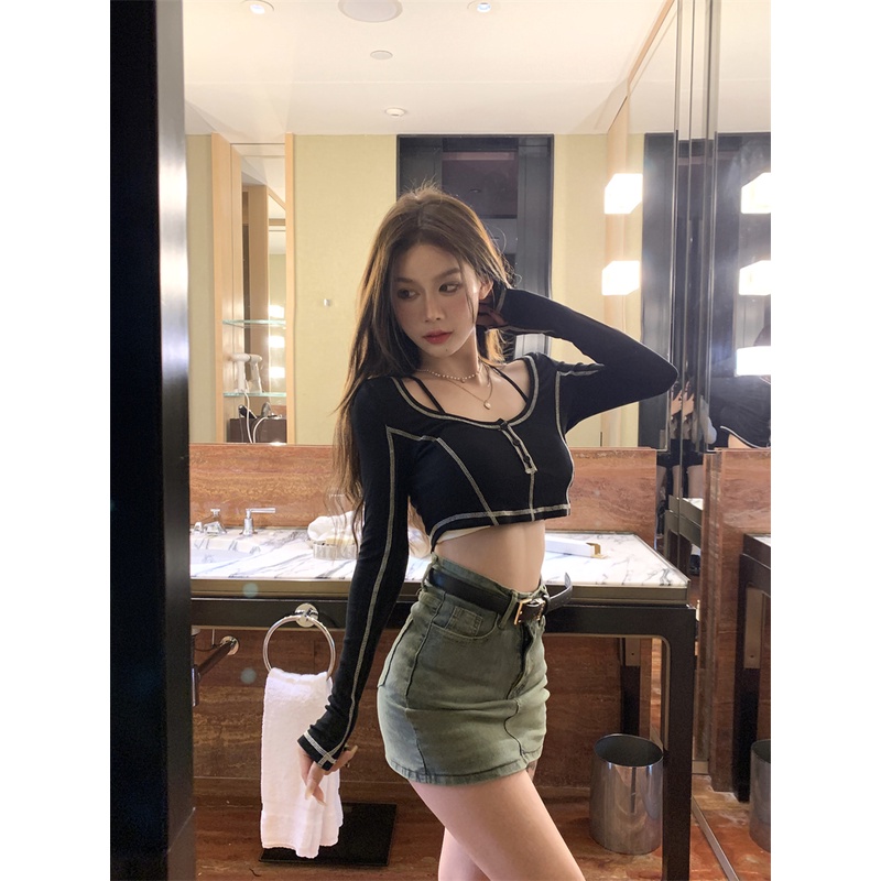 ☜cropped top pemblokiran warna lengan panjang musim panas baru budidaya diri kerah persegi bagian dalam bottoming shirt top t-shirt pendek rompi wanita setelan suspender #COD