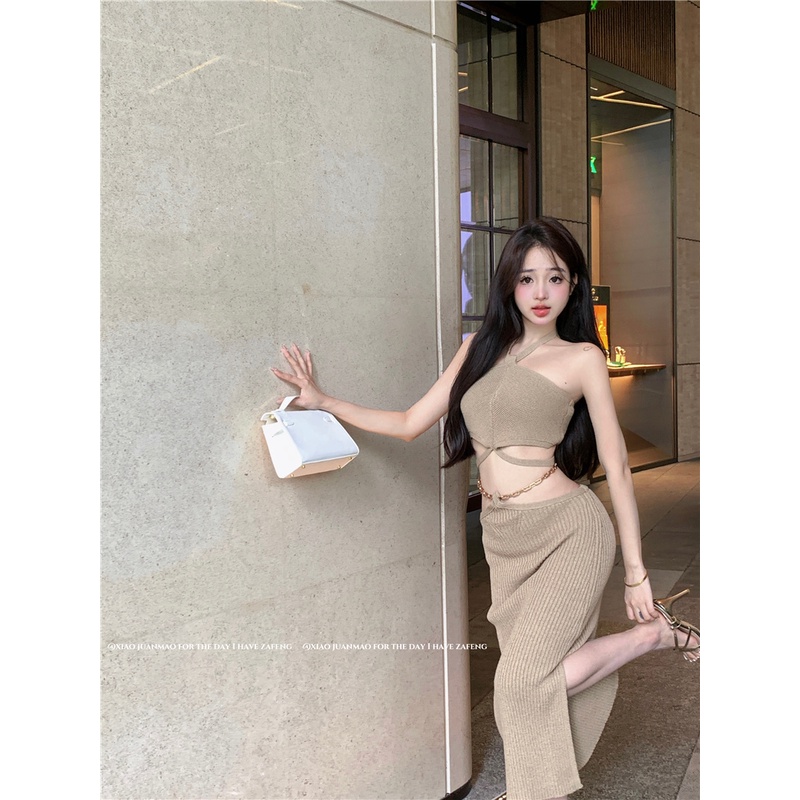 ☊Cropped top Halter Neck Gaya Liburan Tanpa Lengan Atasan Kamisol Seksi Pinggang Tinggi Rok Rajutan Setelan Rok Musim Panas Wanita Gaya Baru #COD