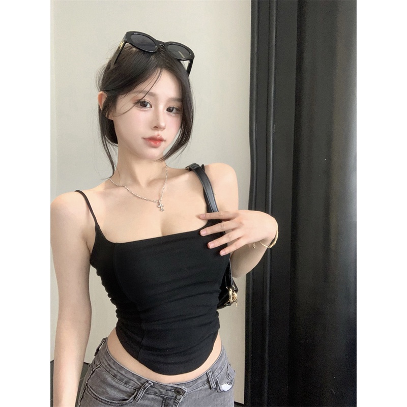 ☎cropped top baru kamisol kerah persegi palsu tulang ikan atas musim panas pakaian dalam ketat tidak teratur wanita versi Korea bottoming kemeja ceruk #COD