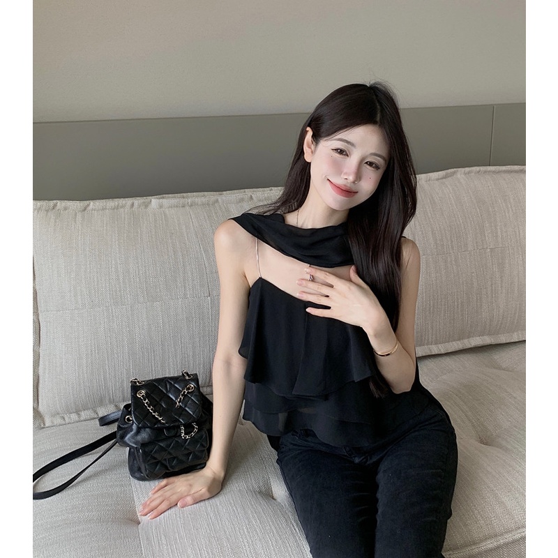 ▥cropped top musim semi dan musim panas mengacak-acak pita hitam tanpa lengan tidak beraturan kamisol sifon strapless hot girl short top women #COD