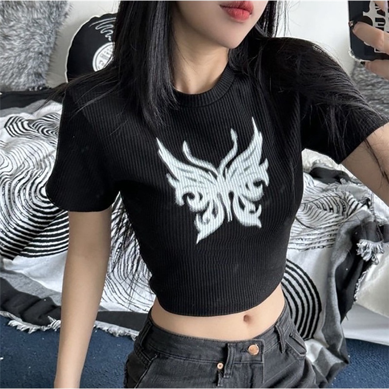 ♧♚cropped top retro high street trend girl personality butterfly print T-shirt tipis wanita slim fit all-match top #COD