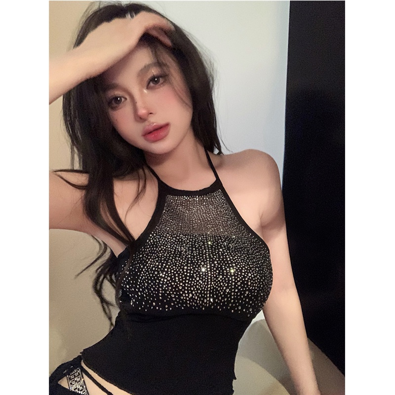 ☑☌cropped top keinginan murni embun seksi indah kembali halter leher tulle payet berlian berkilau kamisol bagian dalam top musim panas wanita baru hitam #COD