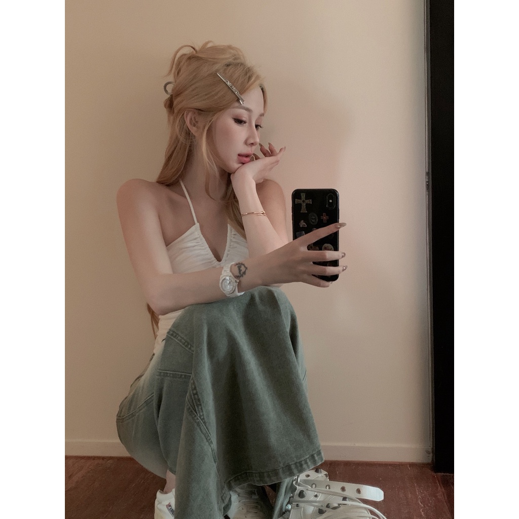 ✘☑cropped top putih lipit halter leher tanpa lengan pakaian luar musim panas rompi ketat atasan wanita anti-cahaya suspender dengan punggung terbuka unik #COD