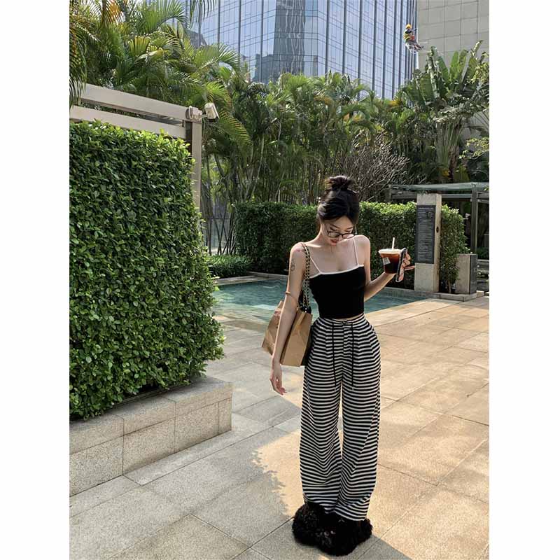 ♣cropped top striped loose casual pants high waist niche wide leg pants spring and summer babes wear tops bottoming suspender suit women #COD