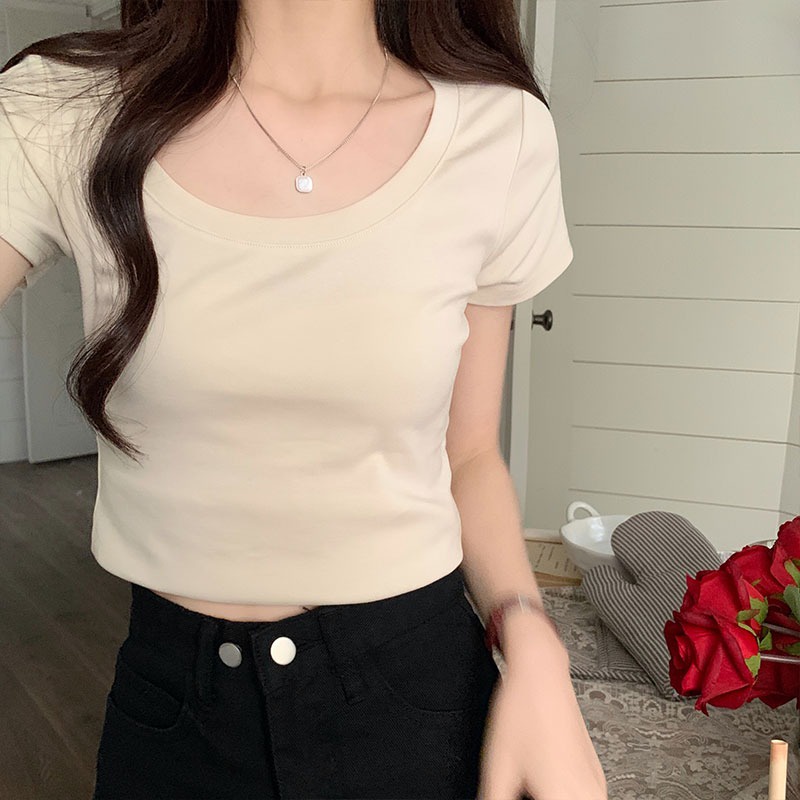 Suhao pure desire scoop neck slim fit short milk apricot color t-shirt women s top summer shoulder U-neck short sleeve inner bottoming small shirt kaos import wanita kaos wanita gaya korea lengan pendek kaos pendek perempuan